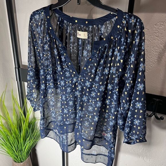 Hollister Boho Peasant Blouse Chiffon 3/4 Sleeve blue Size Small - Picture 5 of 16